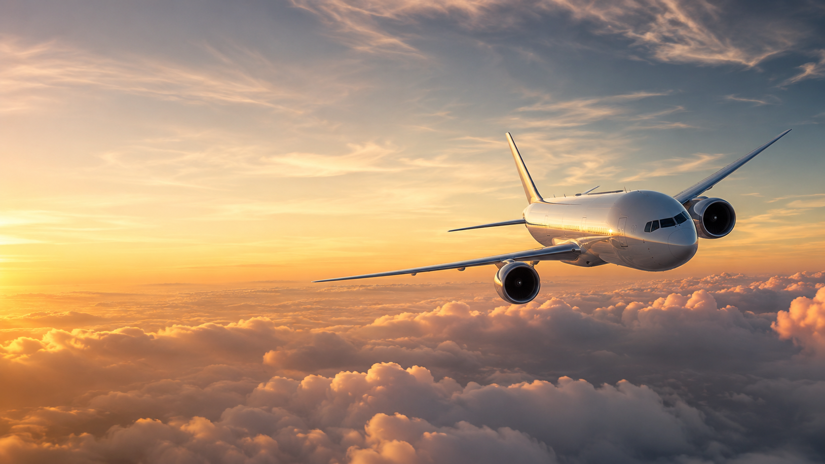 Silver-white widebody aircraft flying above golden-hour clouds